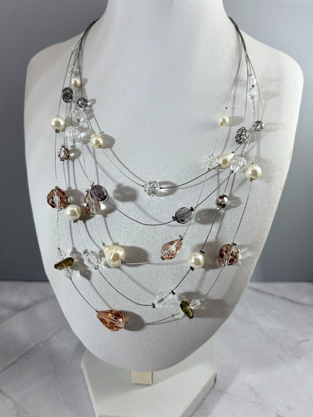 Chico’s Multi Strand Floating Bead Faux Pearl Necklace